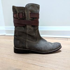 Frye boots. Grey suede with brown leather strap.